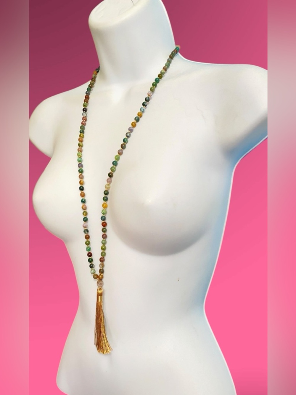 Bohemian Stone Beads Long Necklace Silk Tassel